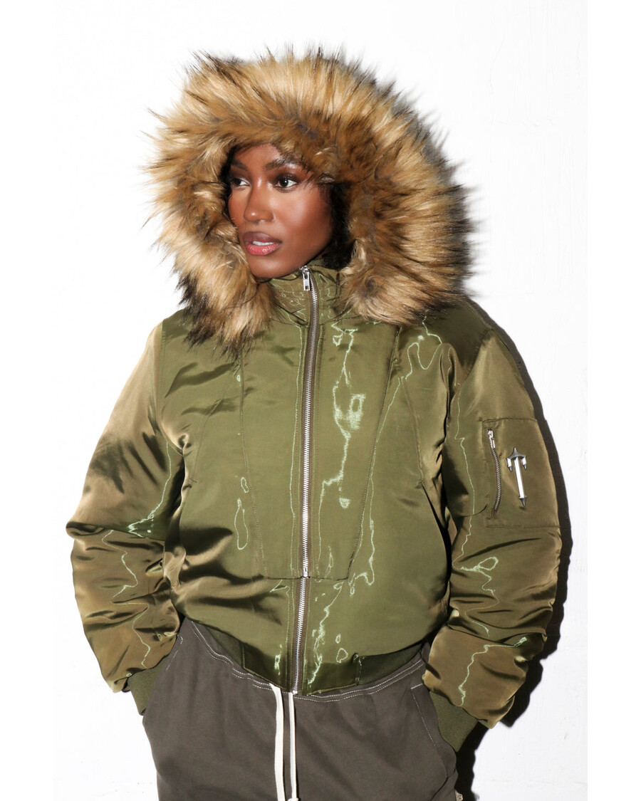 Trapstar Women’s Script Fur Hood Bomber - Khaki